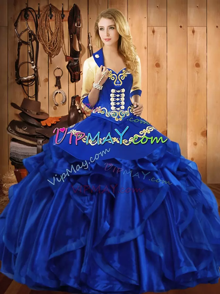 Royal Blue Organza Lace Up Sweetheart Sleeveless Floor Length Sweet 16 Dress Embroidery and Ruffles