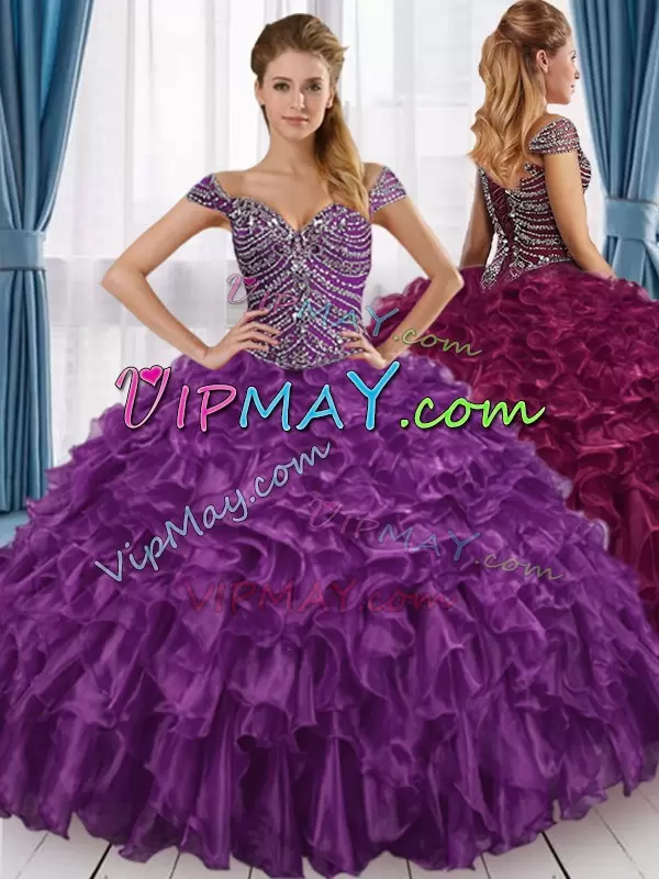 Modest Organza Off The Shoulder Cap Sleeves Lace Up Beading and Ruffles Quince Ball Gowns in Purple