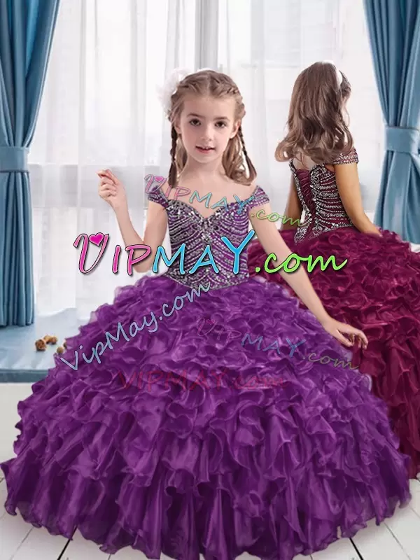 Modest Organza Off The Shoulder Cap Sleeves Lace Up Beading and Ruffles Quince Ball Gowns in Purple