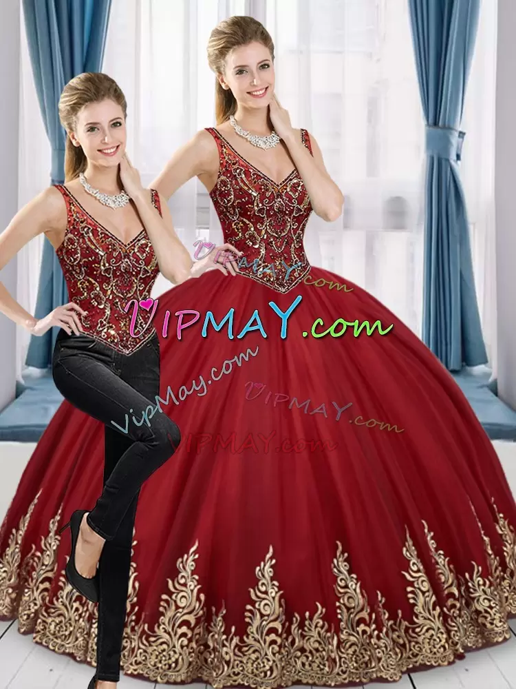 Sleeveless V-neck Lace Up Floor Length Beading and Embroidery Sweet 16 Dress V-neck