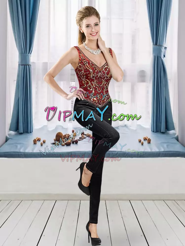 Sleeveless V-neck Lace Up Floor Length Beading and Embroidery Sweet 16 Dress V-neck