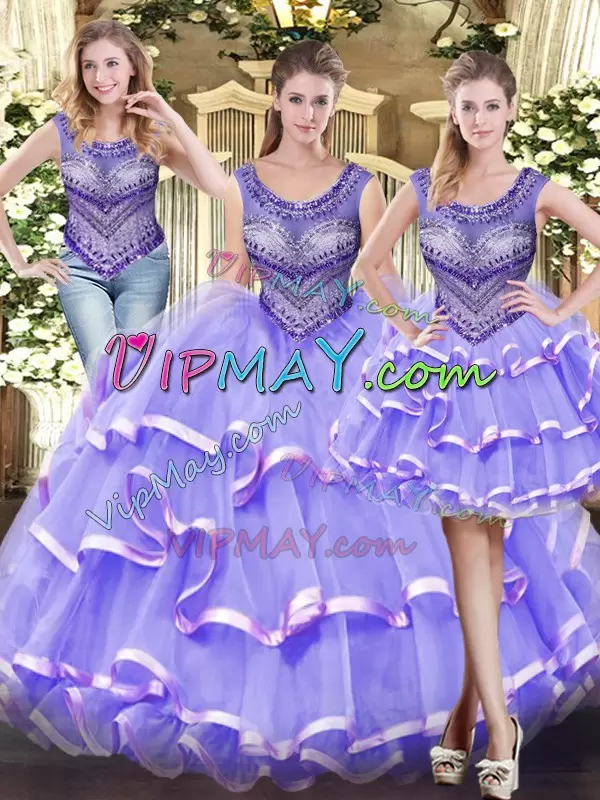 Lavender Ball Gowns Beading and Ruffled Layers 15th Birthday Dress Lace Up Tulle Sleeveless Floor Length