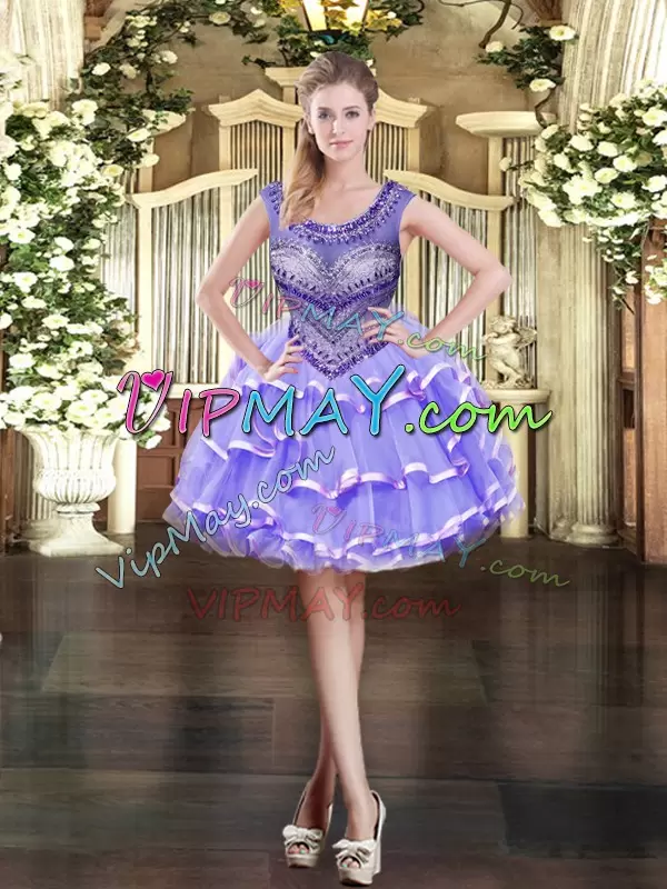 Lavender Ball Gowns Beading and Ruffled Layers 15th Birthday Dress Lace Up Tulle Sleeveless Floor Length