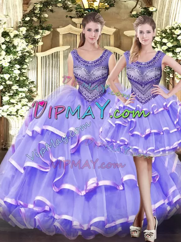 Lavender Ball Gowns Beading and Ruffled Layers 15th Birthday Dress Lace Up Tulle Sleeveless Floor Length