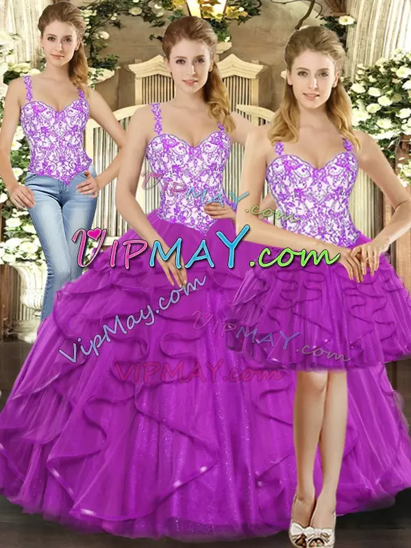 Organza Sleeveless Floor Length Sweet 16 Dresses and Beading and Ruffles