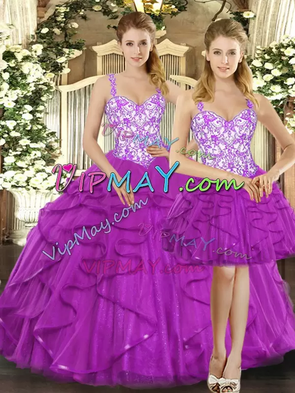 Organza Sleeveless Floor Length Sweet 16 Dresses and Beading and Ruffles