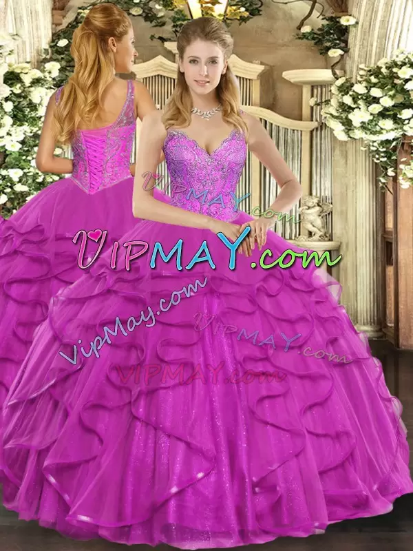 Fantastic Fuchsia Ball Gowns Tulle V-neck Sleeveless Beading and Ruffles Floor Length Lace Up Quinceanera Dresses