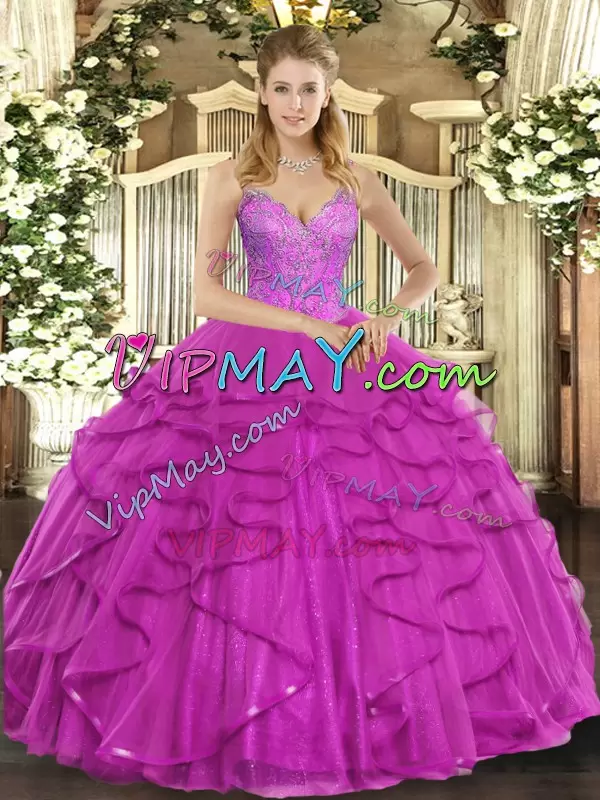 Fantastic Fuchsia Ball Gowns Tulle V-neck Sleeveless Beading and Ruffles Floor Length Lace Up Quinceanera Dresses