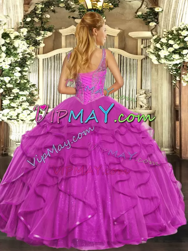 Fantastic Fuchsia Ball Gowns Tulle V-neck Sleeveless Beading and Ruffles Floor Length Lace Up Quinceanera Dresses