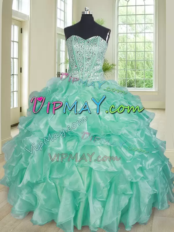 Apple Green Ball Gowns Sweetheart Sleeveless Organza Floor Length Lace Up Beading and Ruffles Quince Ball Gowns