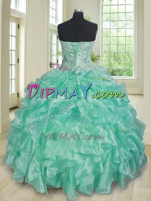 Apple Green Ball Gowns Sweetheart Sleeveless Organza Floor Length Lace Up Beading and Ruffles Quince Ball Gowns