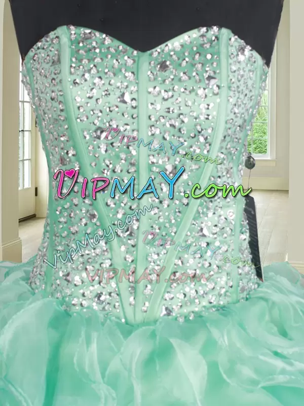 Apple Green Ball Gowns Sweetheart Sleeveless Organza Floor Length Lace Up Beading and Ruffles Quince Ball Gowns