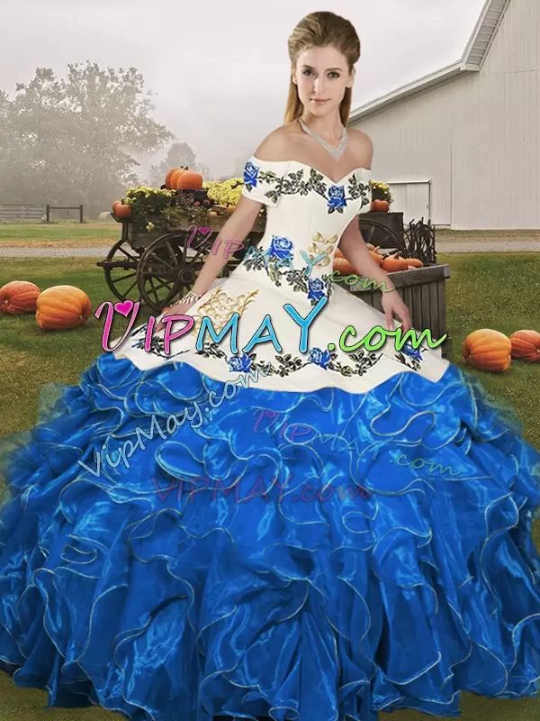 Customized Blue And White Ball Gowns Off The Shoulder Sleeveless Organza Floor Length Lace Up Embroidery and Ruffles Sweet 16 Dresses