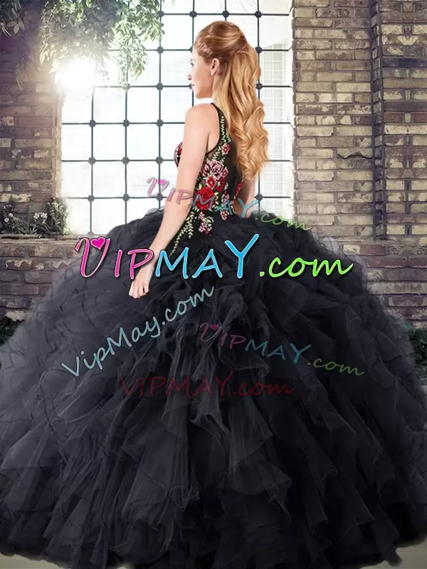 Bateau Sleeveless Quince Ball Gowns Floor Length Embroidery and Ruffles Black