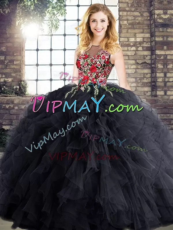 Bateau Sleeveless Quince Ball Gowns Floor Length Embroidery and Ruffles Black