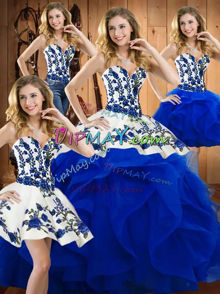 Blue Satin and Organza Lace Up 15 Quinceanera Dress Sleeveless Floor Length Embroidery and Ruffles