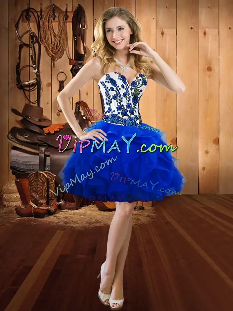 Blue Satin and Organza Lace Up 15 Quinceanera Dress Sleeveless Floor Length Embroidery and Ruffles