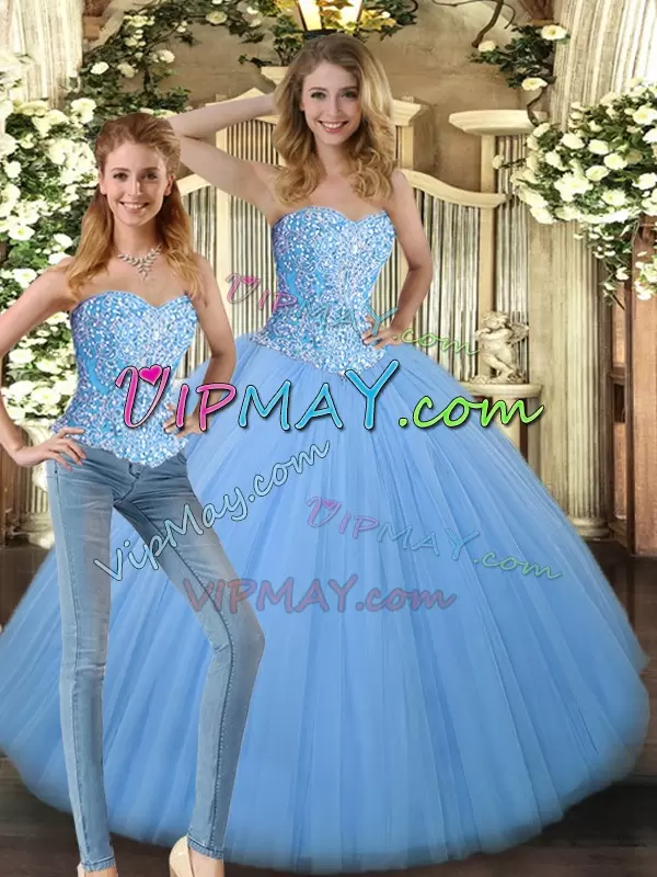 Baby Blue Lace Up 15 Quinceanera Dress Beading Sleeveless Floor Length