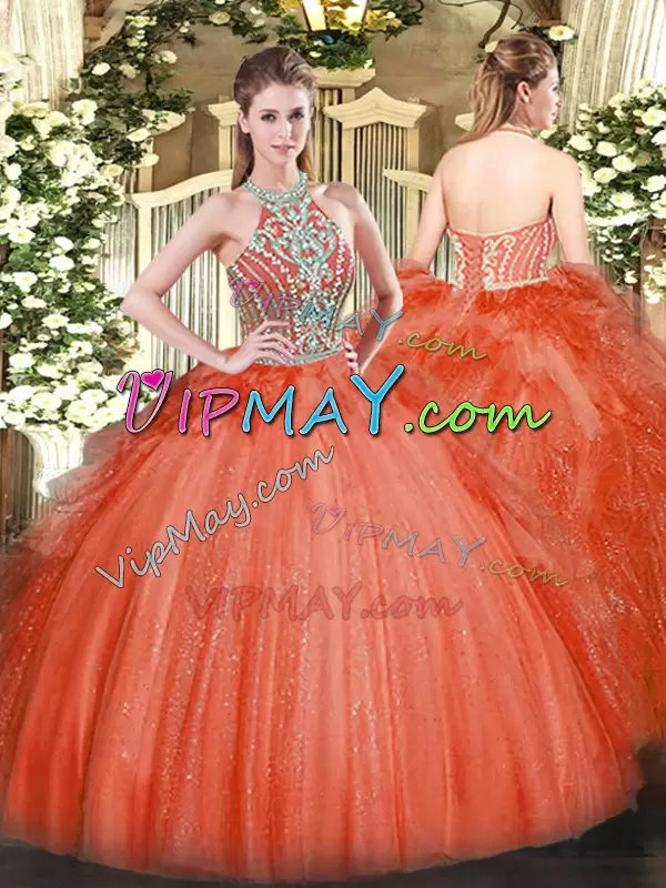 Red Lace Up Halter Top Beading and Ruffles Ball Gown Prom Dress Tulle Sleeveless