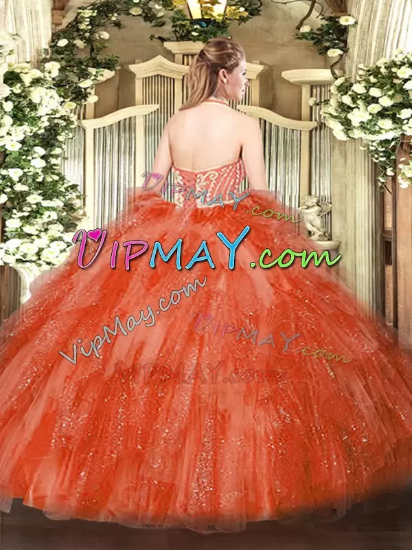 Red Lace Up Halter Top Beading and Ruffles Ball Gown Prom Dress Tulle Sleeveless