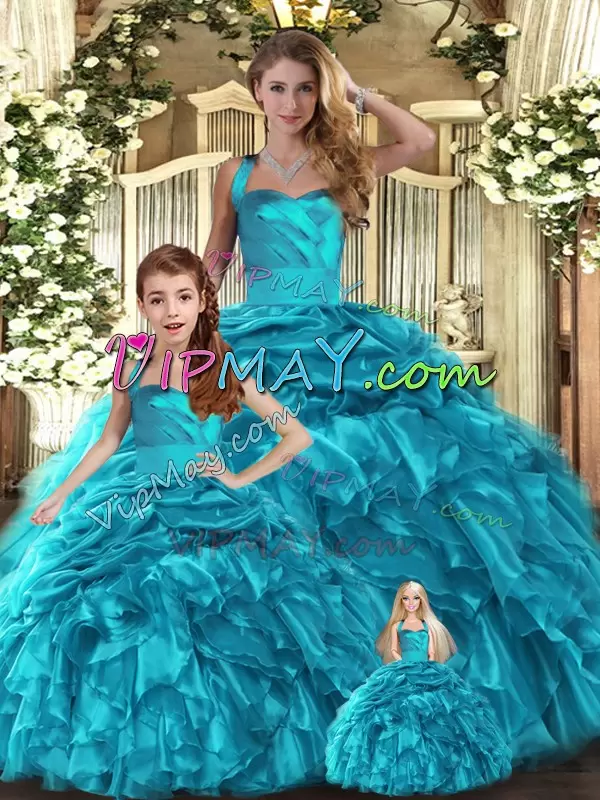 Romantic Halter Top Sleeveless Organza Sweet 16 Quinceanera Dress Ruffles and Pick Ups Lace Up