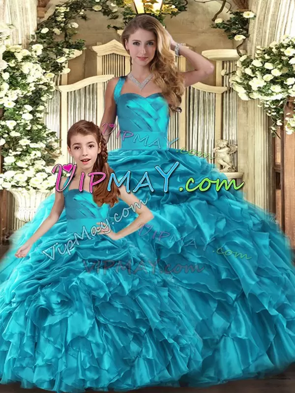 Romantic Halter Top Sleeveless Organza Sweet 16 Quinceanera Dress Ruffles and Pick Ups Lace Up