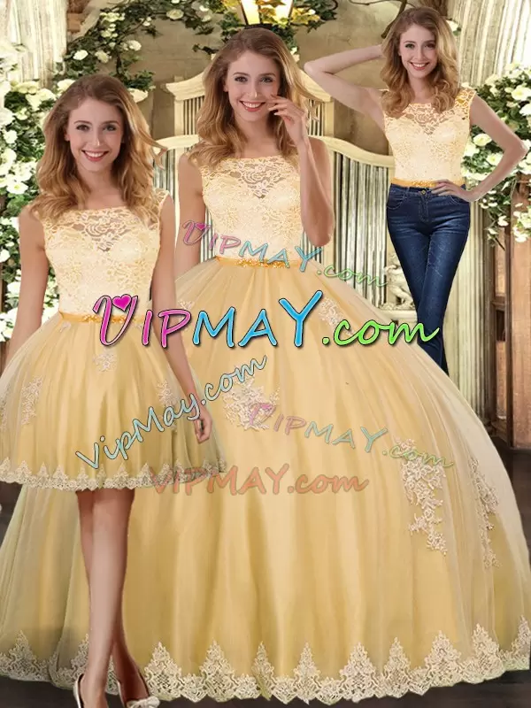 Stylish Gold 15 Quinceanera Dress Military Ball and Sweet 16 and Quinceanera with Lace and Appliques Scoop Sleeveless Clasp Handle