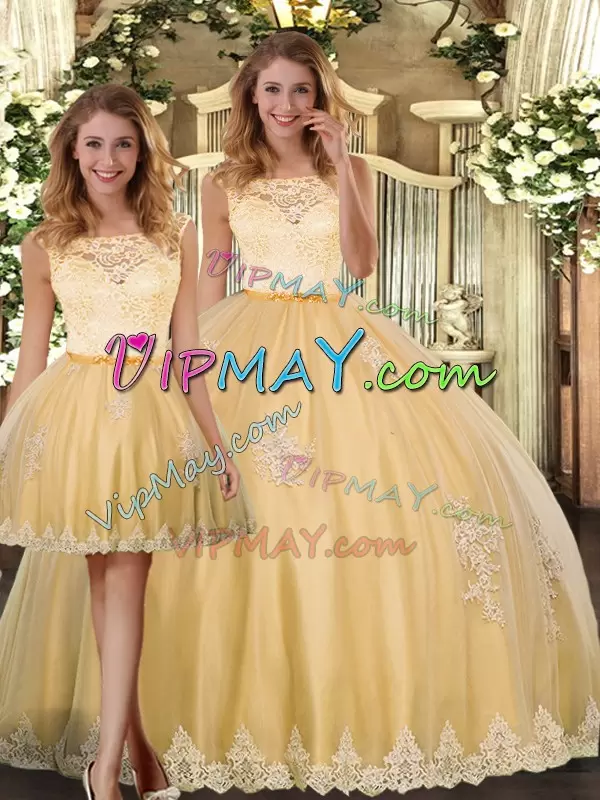 Stylish Gold 15 Quinceanera Dress Military Ball and Sweet 16 and Quinceanera with Lace and Appliques Scoop Sleeveless Clasp Handle