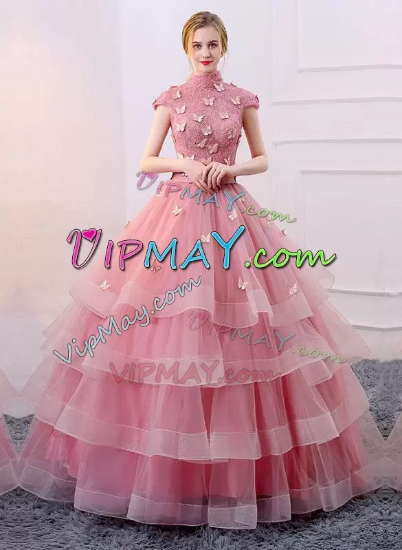 Floor Length Lace Up Ball Gown Prom Dress Coral Red for Sweet 16 and Quinceanera with Beading and Appliques and Bowknot