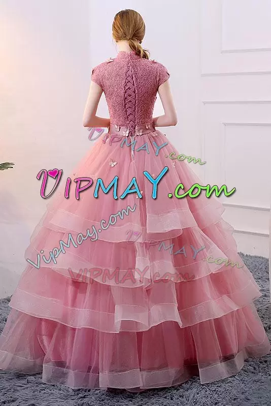 Floor Length Lace Up Ball Gown Prom Dress Coral Red for Sweet 16 and Quinceanera with Beading and Appliques and Bowknot