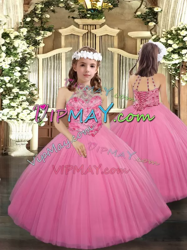 Most Popular Rose Pink Sleeveless Tulle Lace Up 15 Quinceanera Dress for Sweet 16 and Quinceanera