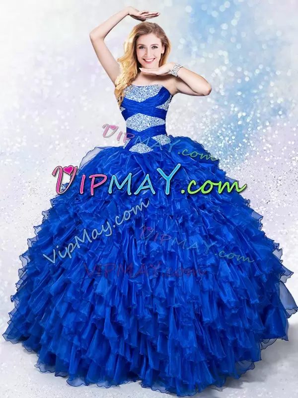 Popular Royal Blue Ball Gowns Organza Strapless Sleeveless Beading and Ruffles Floor Length Lace Up Vestidos de Quinceanera