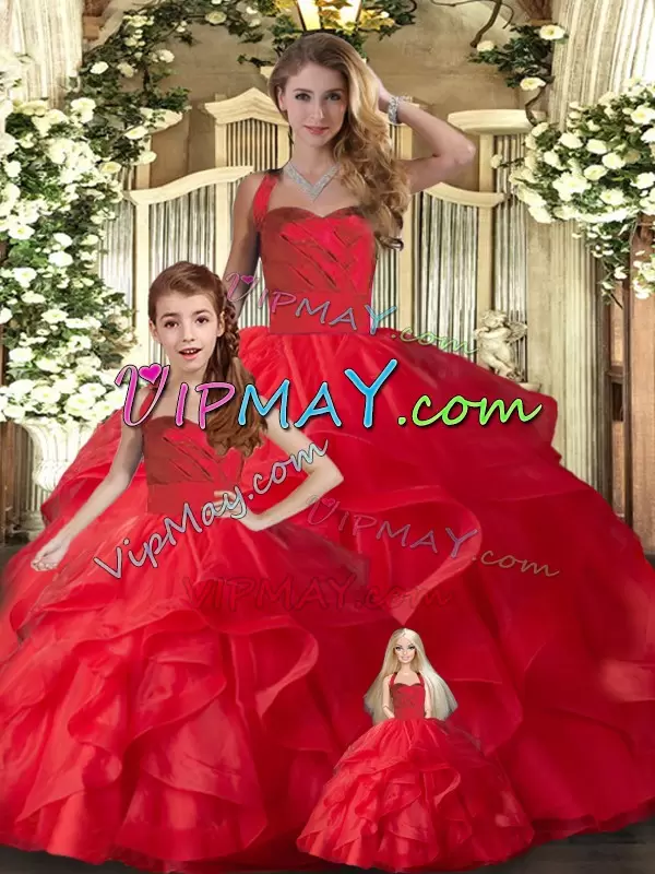 Amazing Tulle Halter Top Sleeveless Lace Up Ruffles Vestidos de Quinceanera in Red