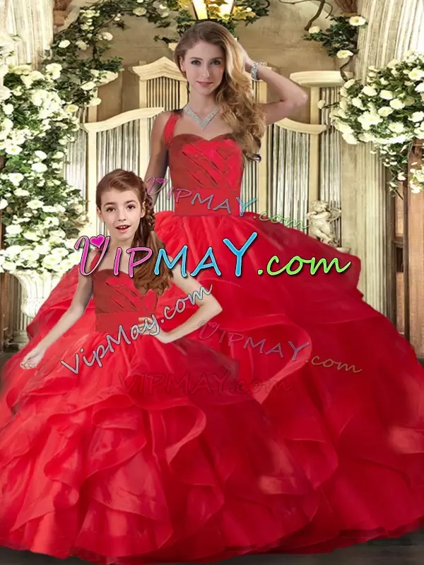 Amazing Tulle Halter Top Sleeveless Lace Up Ruffles Vestidos de Quinceanera in Red