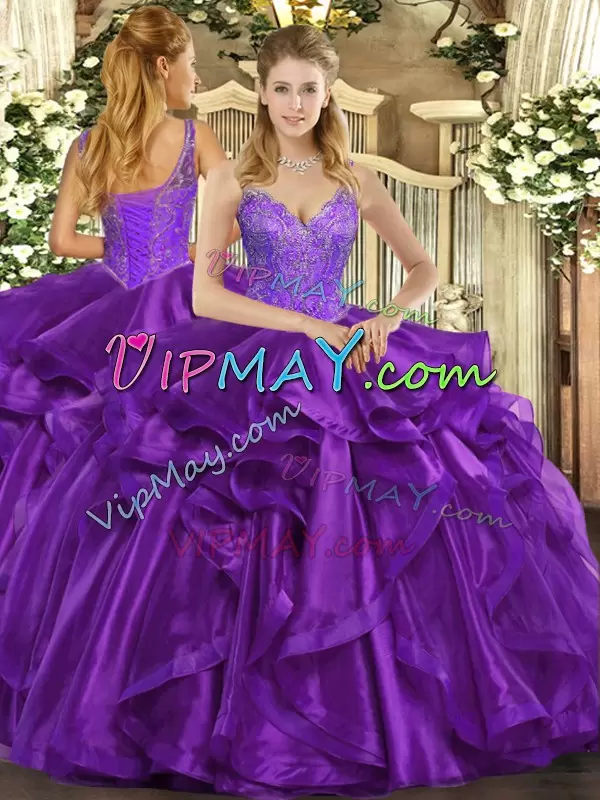 Beautiful Sleeveless Straps Beading and Ruffles Lace Up 15th Birthday Dress