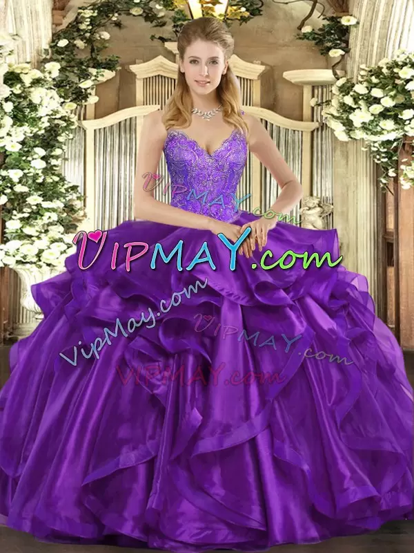 Beautiful Sleeveless Straps Beading and Ruffles Lace Up 15th Birthday Dress