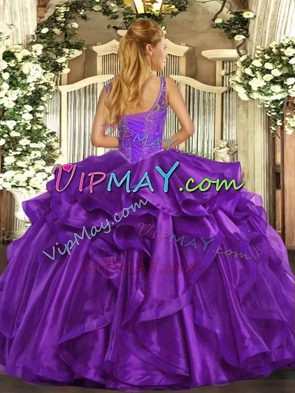 Beautiful Sleeveless Straps Beading and Ruffles Lace Up 15th Birthday Dress