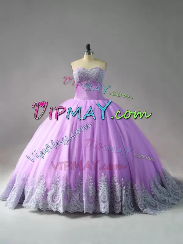 Fashion Lilac Tulle Lace Up Vestidos de Quinceanera Sleeveless Court Train Appliques