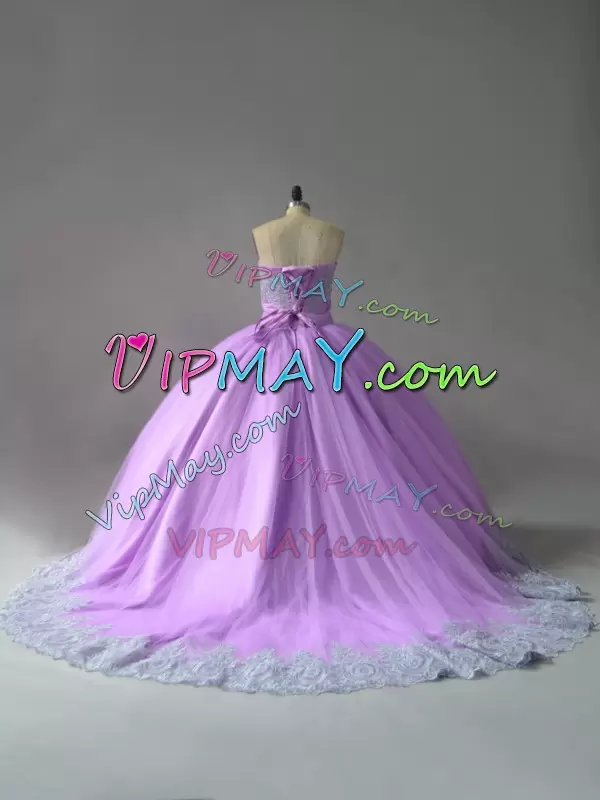 Fashion Lilac Tulle Lace Up Vestidos de Quinceanera Sleeveless Court Train Appliques