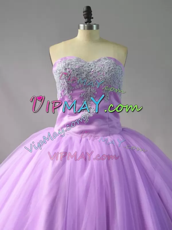 Fashion Lilac Tulle Lace Up Vestidos de Quinceanera Sleeveless Court Train Appliques