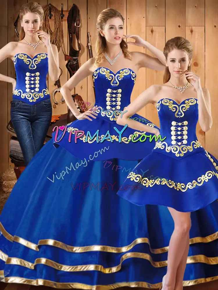 Customized Blue Sleeveless Satin and Tulle Lace Up Ball Gown Prom Dress for Military Ball and Sweet 16 and Quinceanera