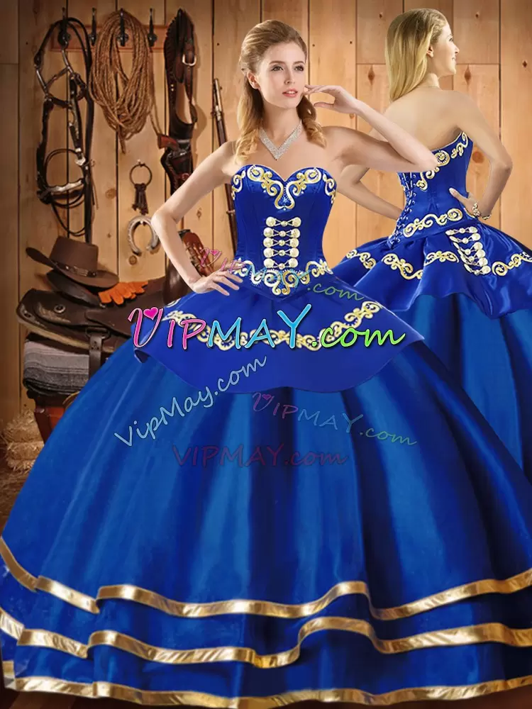 Customized Blue Sleeveless Satin and Tulle Lace Up Ball Gown Prom Dress for Military Ball and Sweet 16 and Quinceanera