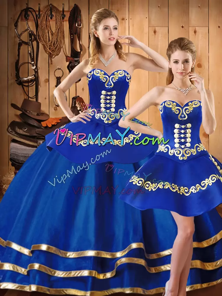 Customized Blue Sleeveless Satin and Tulle Lace Up Ball Gown Prom Dress for Military Ball and Sweet 16 and Quinceanera