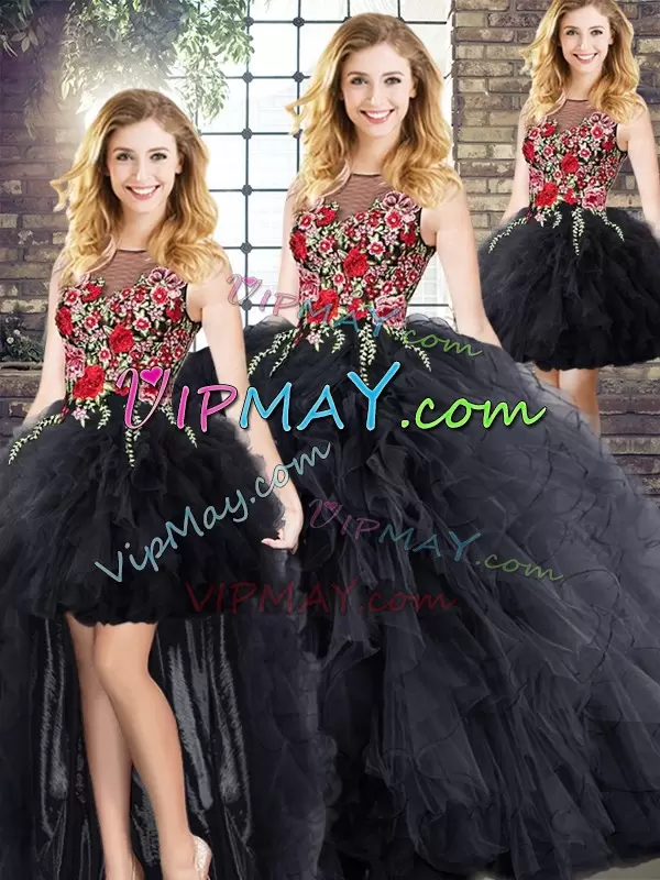 Black Ball Gowns Scoop Sleeveless Floor Length Zipper Embroidery and Ruffles 15th Birthday Dress