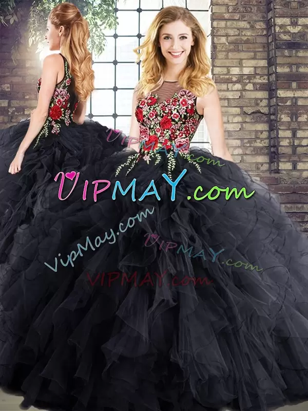 Black Ball Gowns Scoop Sleeveless Floor Length Zipper Embroidery and Ruffles 15th Birthday Dress