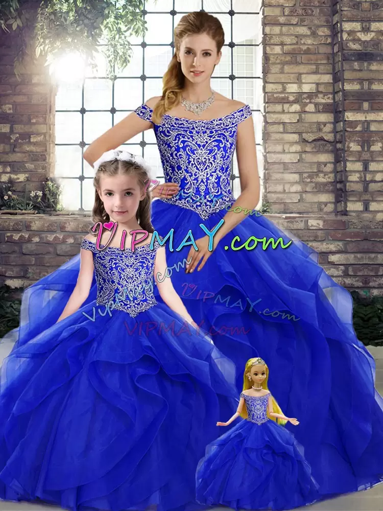 Beautiful Lace Up 15 Quinceanera Dress Royal Blue for Military Ball and Sweet 16 and Quinceanera with Beading and Ruffles Brush Train