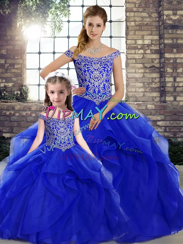 Beautiful Lace Up 15 Quinceanera Dress Royal Blue for Military Ball and Sweet 16 and Quinceanera with Beading and Ruffles Brush Train