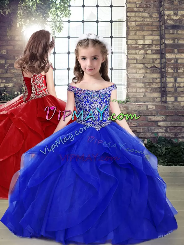 Beautiful Lace Up 15 Quinceanera Dress Royal Blue for Military Ball and Sweet 16 and Quinceanera with Beading and Ruffles Brush Train