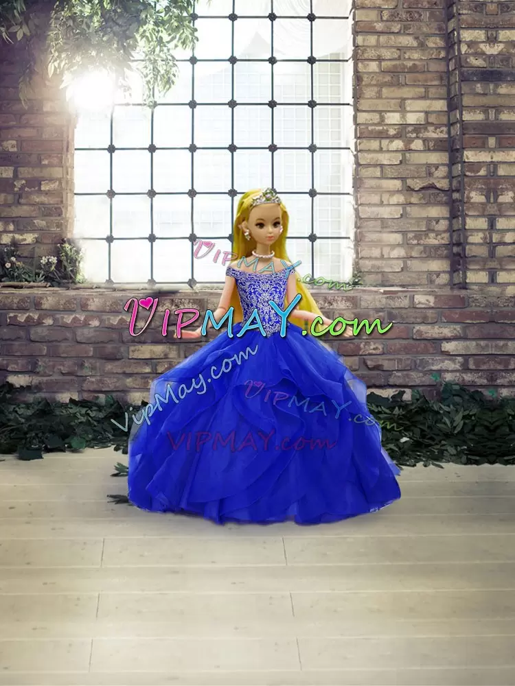 Beautiful Lace Up 15 Quinceanera Dress Royal Blue for Military Ball and Sweet 16 and Quinceanera with Beading and Ruffles Brush Train