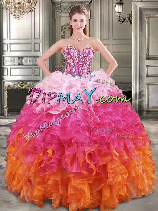 Sleeveless Floor Length Beading Lace Up Ball Gown Prom Dress with Multi-color